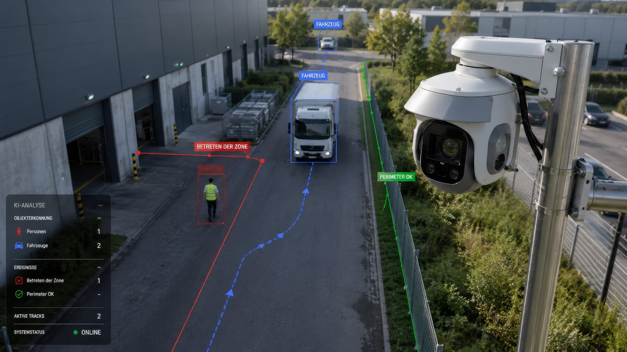 KI-Videoanalyse mit Objekterkennung und Perimeterschutz auf einem Gewerbegelände