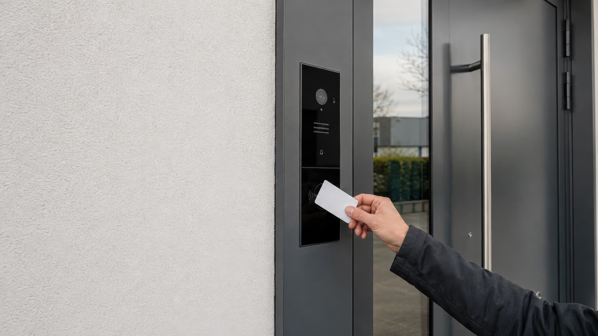 Zutrittsleser an einer modernen Eingangstür mit vorgehaltener Karte